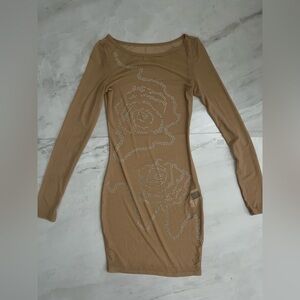 Shein mesh Tan mini bodycon dress with rhinestone rose design
